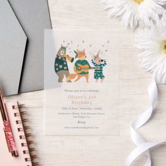 かわいい動物ミュージックバンド誕生日 ベラム紙招待状 (ウェディング)