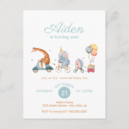 かわいい動物列車 ニュートラルな誕生日パーティー ポストカード (正面)