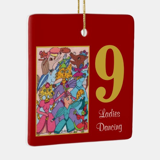 かわいい動物及びタイポグラフィを踊っている9人の女性 セラミックオーナメント (右)