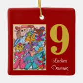 かわいい動物及びタイポグラフィを踊っている9人の女性 セラミックオーナメント (正面)