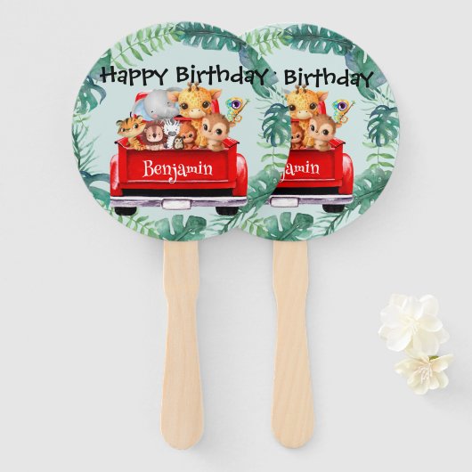 かわいい動物園のジャングルファームトラックボーイバースデーパーティー ハンドファン (正面&裏面)