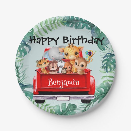 かわいい動物園のジャングルファームトラックボーイバースデーパーティー ペーパープレート (正面)