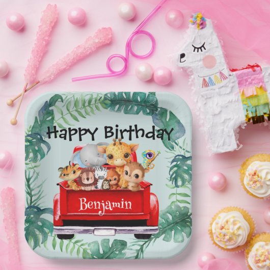 かわいい動物園のジャングルファームトラックボーイバースデーパーティー ペーパープレート (パーティー)