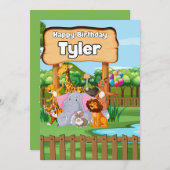 かわいい動物園の動物の子供の誕生日パーティー 招待状 (正面/裏面)