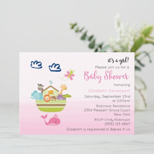 かわいい動物園の動物アークピンクの赤ちゃんガールシャワー 招待状 (スタンド正面)