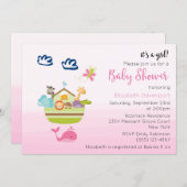 かわいい動物園の動物アークピンクの赤ちゃんガールシャワー 招待状 (正面/裏面)