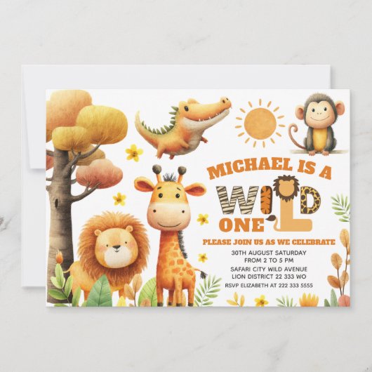 かわいい動物園の動物 ワイルドワン サファリ 1歳の誕生日 招待状 (正面)