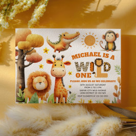 かわいい動物園の動物 ワイルドワン サファリ 1歳の誕生日 招待状