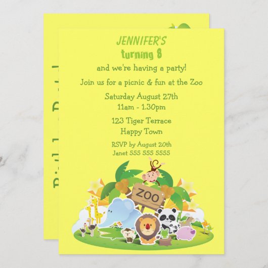 かわいい動物園の誕生日パーティー 招待状 (正面/裏面)