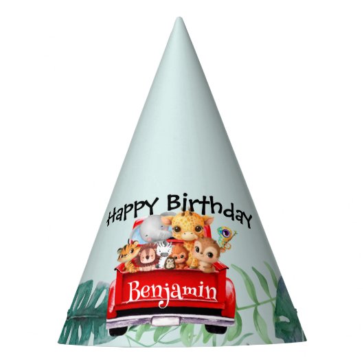 かわいい動物園ジャングルファームトラックトラクターボーイ誕生日ペ パーティーハット (正面)