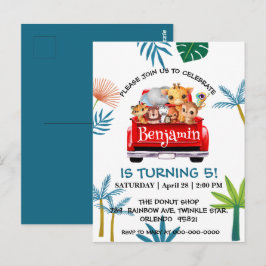 かわいい動物園ジャングルファームトラックトラクターボーイ誕生日 ポストカード