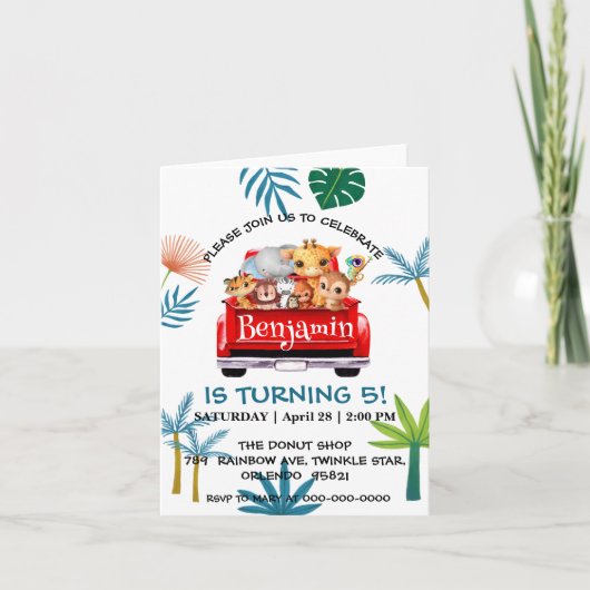 かわいい動物園ジャングルファームトラックトラクターボーイ誕生日 招待状 (正面)