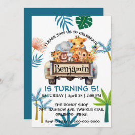 かわいい動物園ジャングルファームトラックトラクターボーイ誕生日 招待状