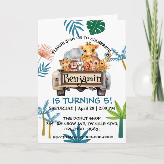 かわいい動物園ジャングルファームトラックトラクターボーイ誕生日 招待状 (正面)
