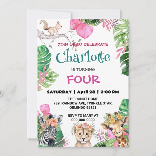 かわいい動物園ジャングル動物誕生日フローラ 招待状 (正面)