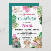 かわいい動物園ジャングル動物誕生日フローラ 招待状 (正面/裏面)