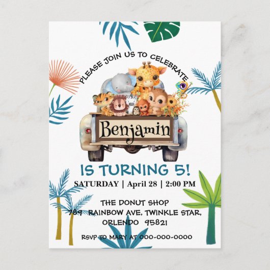 かわいい動物園ジャングル農場トラクターの男の子の誕生日 ポストカード (正面)