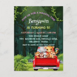 かわいい動物園ジャングル農場トラックトラクター少年誕生日 ポストカード