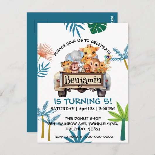 かわいい動物園ジャングル農場トラックトラクター少年誕生日 ポストカード (正面/裏面)