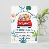 かわいい動物園ジャングル農場トラックトラクター少年誕生日 招待状 (スタンド正面)