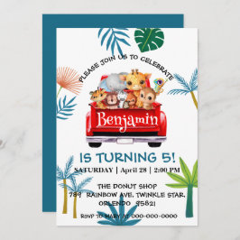 かわいい動物園ジャングル農場トラックトラクター少年誕生日 招待状