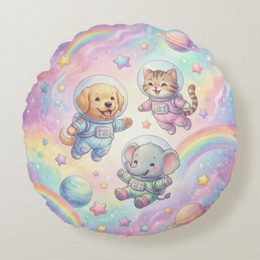 かわいい動物宇宙飛行士 ギャラクシー ラウンド スロー ピロー (正面)