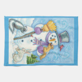 かわいい動物建物クリスマスの雪だるま キッチンタオル (横)