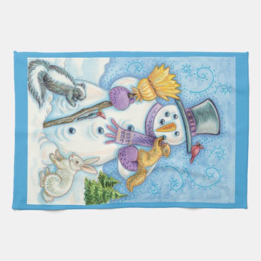 かわいい動物建物クリスマスの雪だるま キッチンタオル (横)