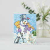 かわいい動物建物クリスマスの雪だるま シーズンポストカード (スタンド正面)