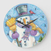 かわいい動物建物クリスマスの雪だるま ラージ壁時計 (正面)
