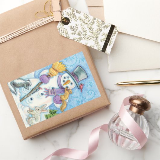 かわいい動物建物クリスマスの雪だるま 長方形シール (ギフト)