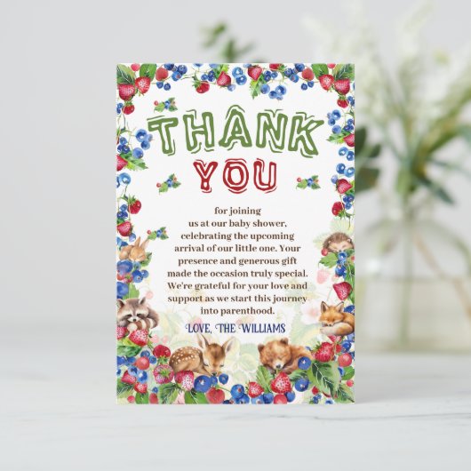 かわいい動物植物性ベリー自然赤ちゃんシャワー サンキューカード (スタンド正面)