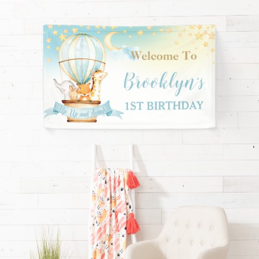 かわいい動物温風船誕生日背景  横断幕 (インサイチュ)