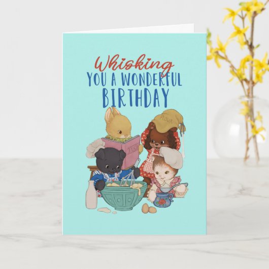 かわいい動物漫画ベーキングケーキプンおもしろい誕生日 カード (黄色い花)