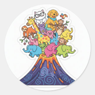 かわいい動物火山噴火ステッカー ラウンドシール