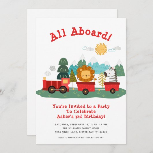 かわいい動物電車の誕生日パーティー 招待状 (正面/裏面)