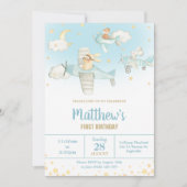 かわいい動物飛行機がスターススカイ誕生日ボーイ 招待状 (正面)