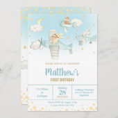 かわいい動物飛行機がスターススカイ誕生日ボーイ 招待状 (正面/裏面)