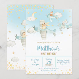 かわいい動物飛行機がスターススカイ誕生日ボーイ 招待状