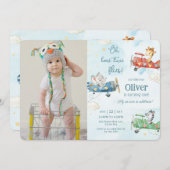 かわいい動物飛行機アドベンチャータイムフライ誕生日 招待状 (正面/裏面)