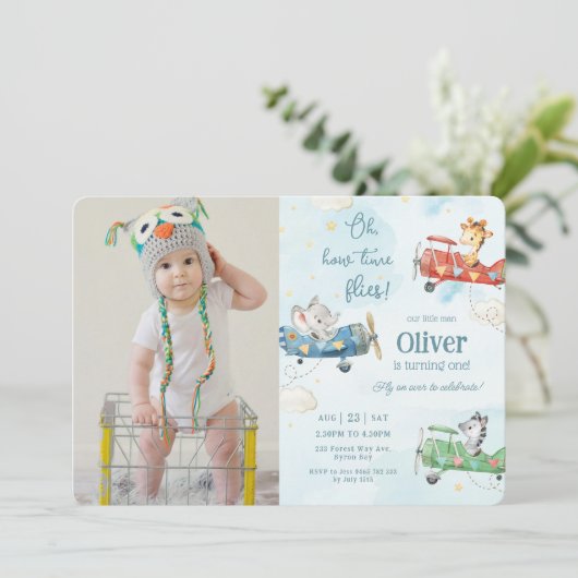 かわいい動物飛行機アドベンチャータイムフライ誕生日 招待状 (スタンド正面)