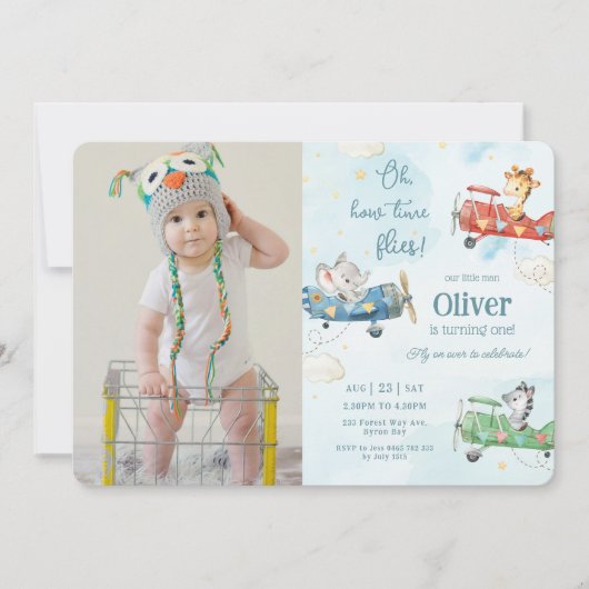 かわいい動物飛行機アドベンチャータイムフライ誕生日 招待状 (正面)