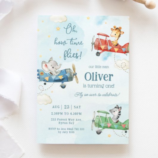 かわいい動物飛行機アドベンチャータイムフライ誕生日 招待状