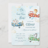 かわいい動物飛行機アドベンチャータイムフライ誕生日 招待状 (正面)