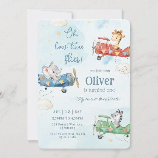 かわいい動物飛行機アドベンチャータイムフライ誕生日 招待状 (正面)