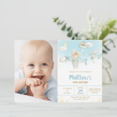 かわいい動物飛行機スタースカイ誕生日ボーイフォト 招待状 (スタンド正面)