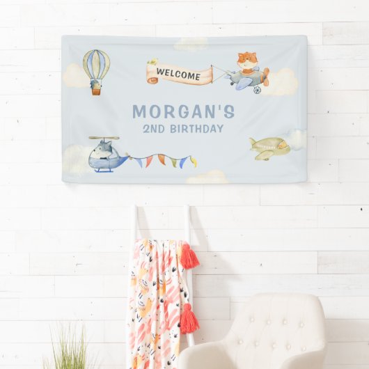 かわいい動物飛行機ブルー誕生日バナー 横断幕 (インサイチュ)