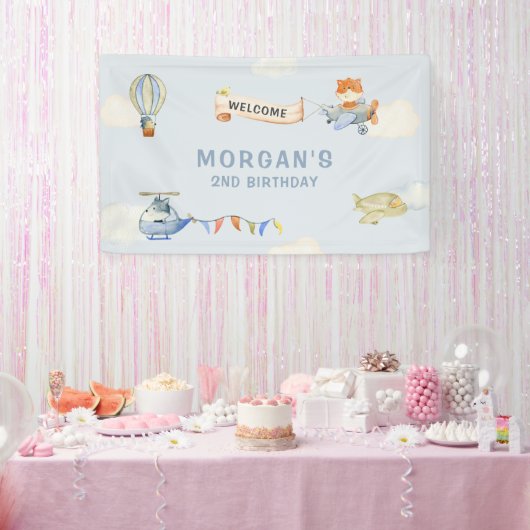 かわいい動物飛行機ブルー誕生日バナー 横断幕 (パーティー)