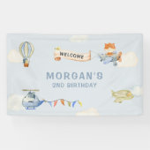 かわいい動物飛行機ブルー誕生日バナー 横断幕 (横)