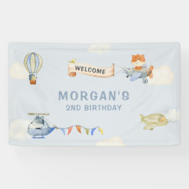 かわいい動物飛行機ブルー誕生日バナー 横断幕